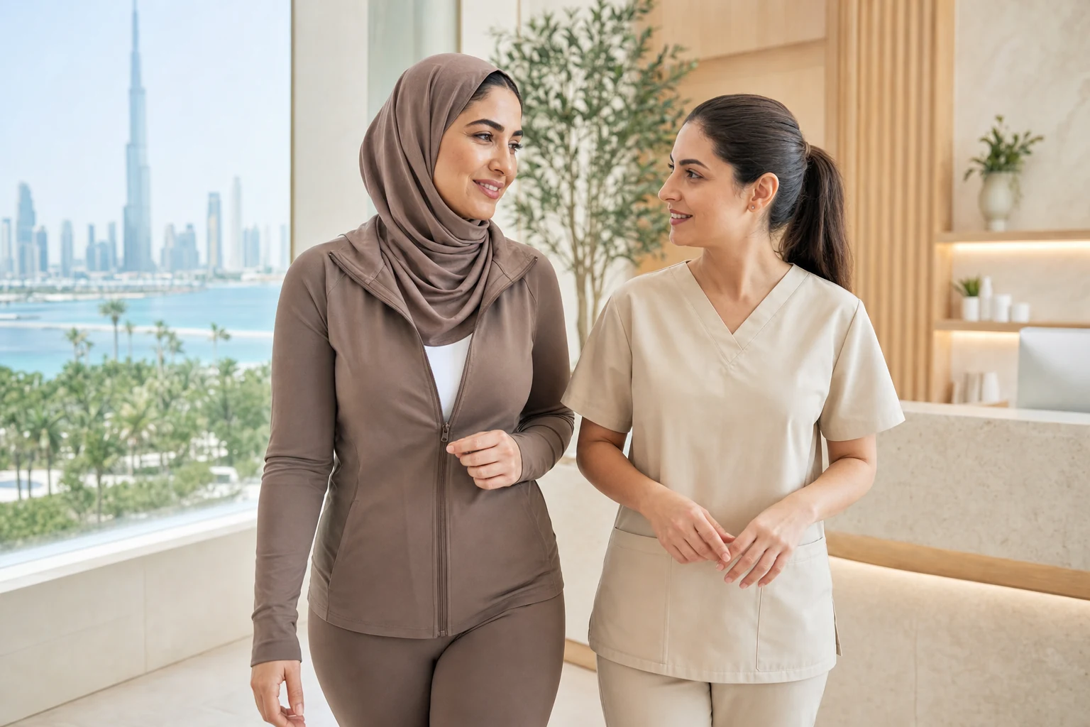 استقبال مريضة من قِبل أخصائية رعاية صحية في منطقة الاستقبال بعيادة مرخّصة