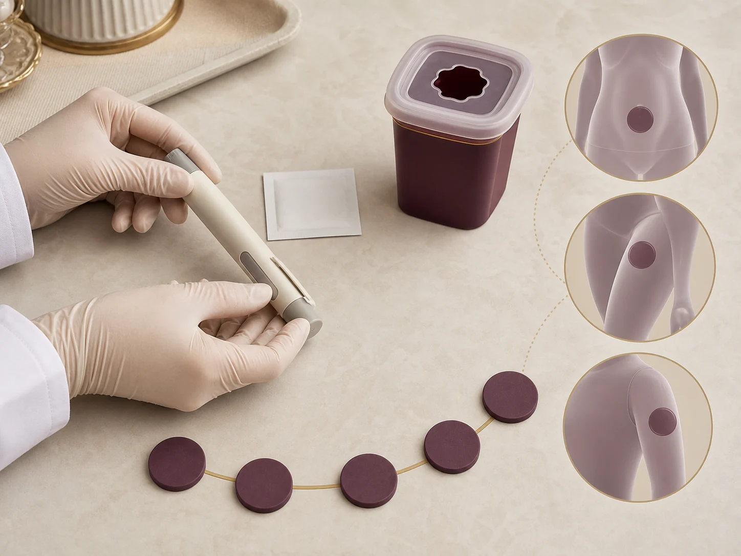 A gloved clinician handling an injection pen beside a sharps container on a clean clinical surface