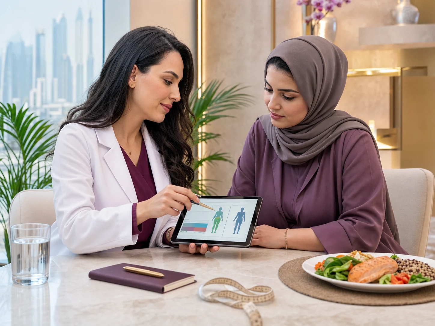 طبيبة تراجع التقييم الطبي للمريضة على جهاز لوحي أثناء الاستشارة