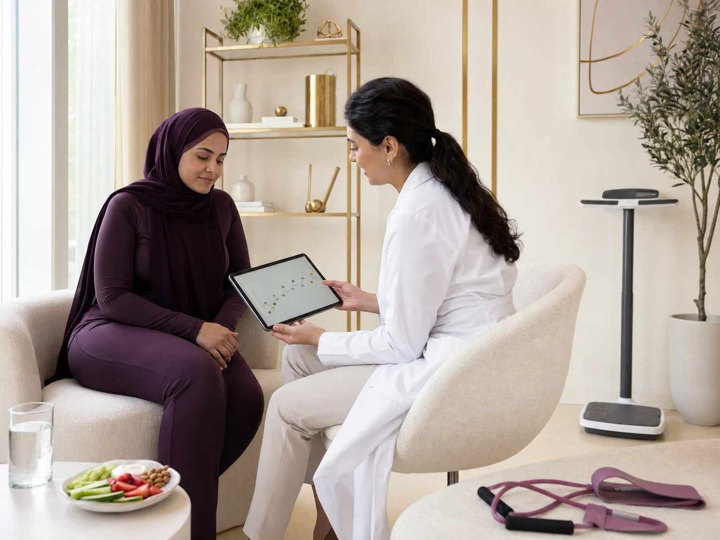 أخصائية رعاية صحية تراجع مخطط تقدّم المريضة معها في موعد المتابعة