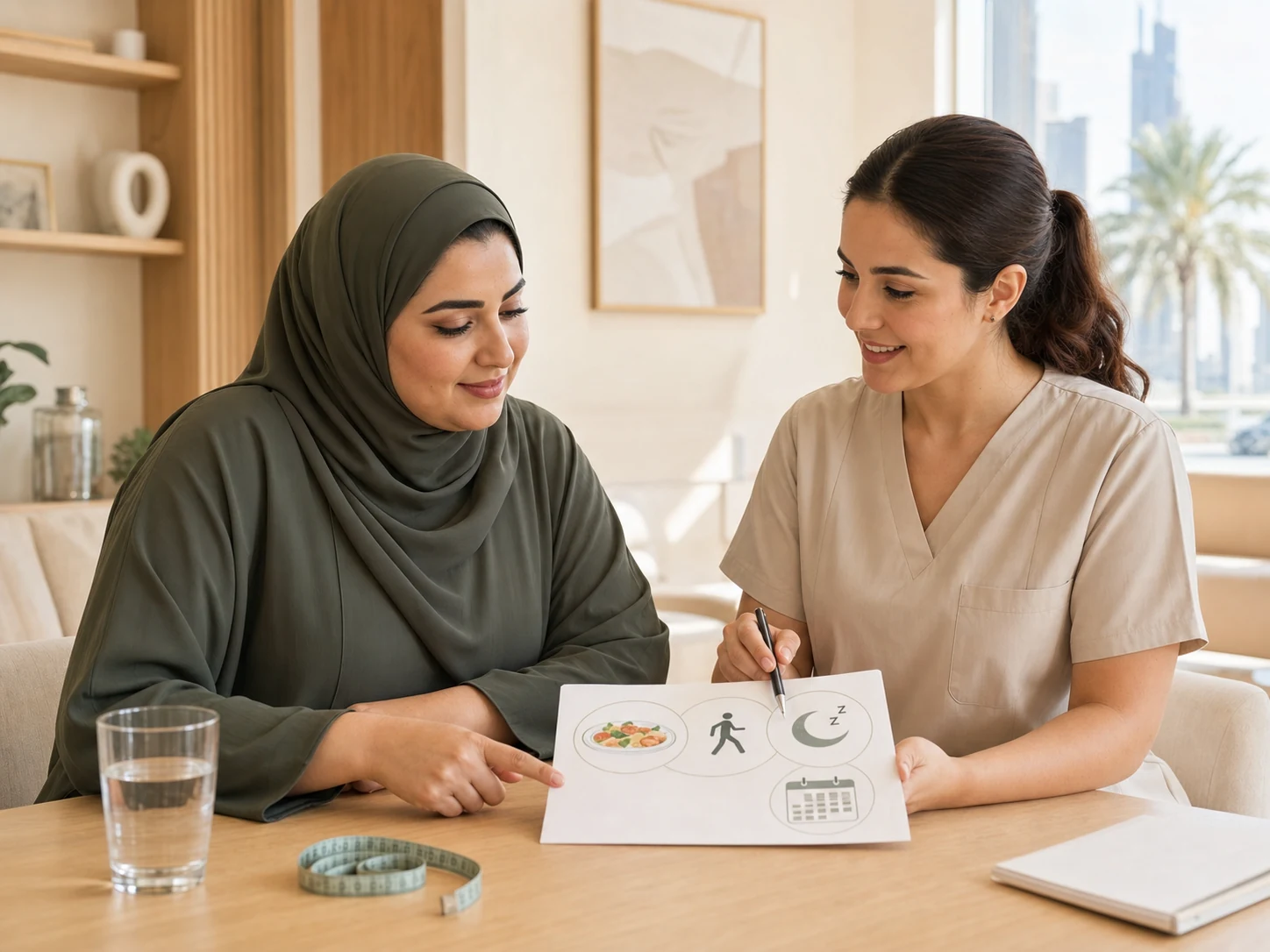 أخصائية رعاية صحية ومريضة تخططان معاً لبرنامج إدارة وزن تحت إشراف طبي